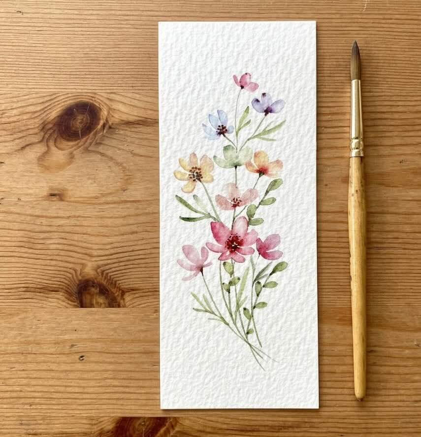Hand-painted watercolor bookmark with loose wildflowers