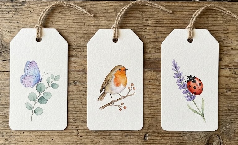 Watercolor details of a butterfly, a bee, and a robin perched on a gate
