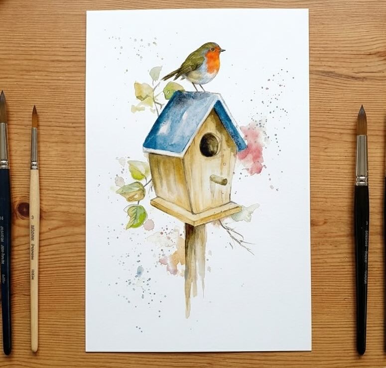 Watercolor painting of a cottage birdhouse wrapped in climbing roses with a little bird peeking out