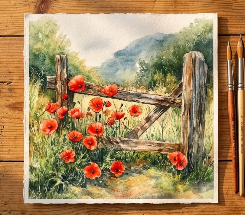 Watercolor painting of a weathered wooden country gate in a field of poppies