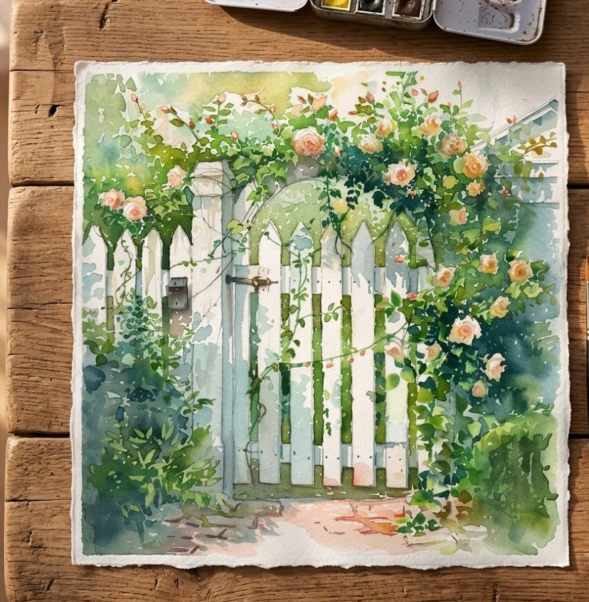 Watercolor painting of a white picket gate with climbing roses, using negative space