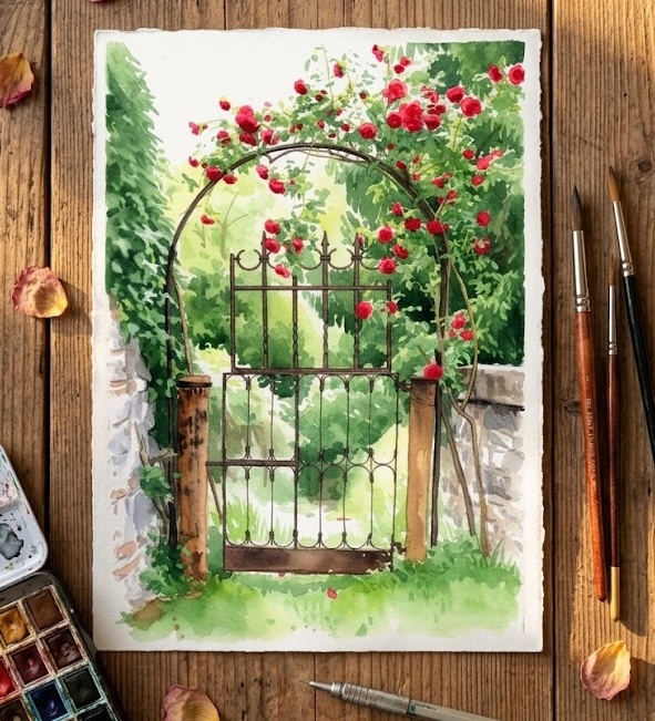 Watercolor painting of a wrought iron gate beneath a red rose arch