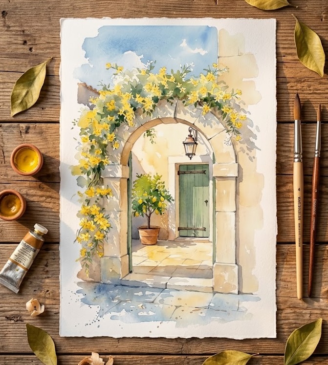 Watercolor painting of a sunlit stone archway with golden blooms