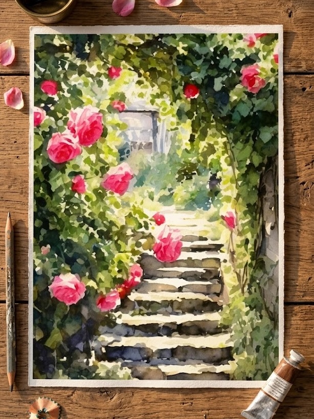 Watercolor painting of a secret garden path with stone steps fading into the distance