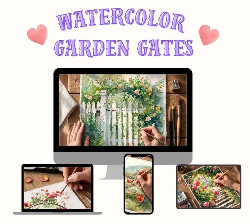 Overview of the five finished watercolor garden gate paintings from the course